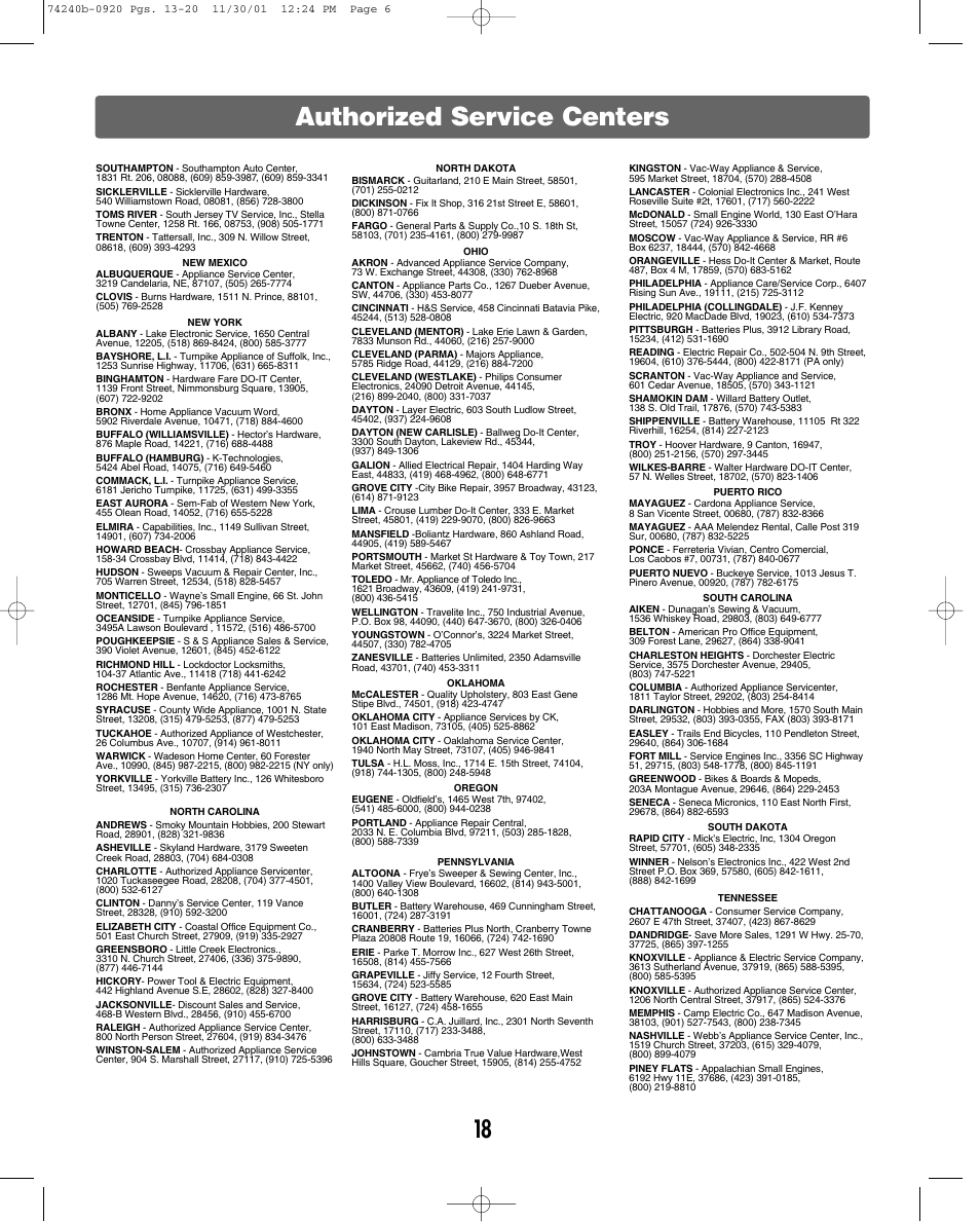 Authorized service centers | Jeep 74240 User Manual | Page 18 / 20