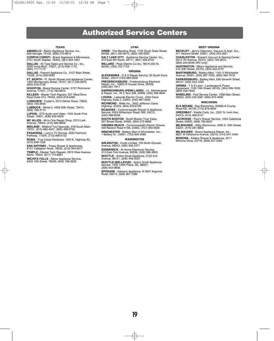 Authorized service centers | Jeep 74240 User Manual | Page 19 / 20