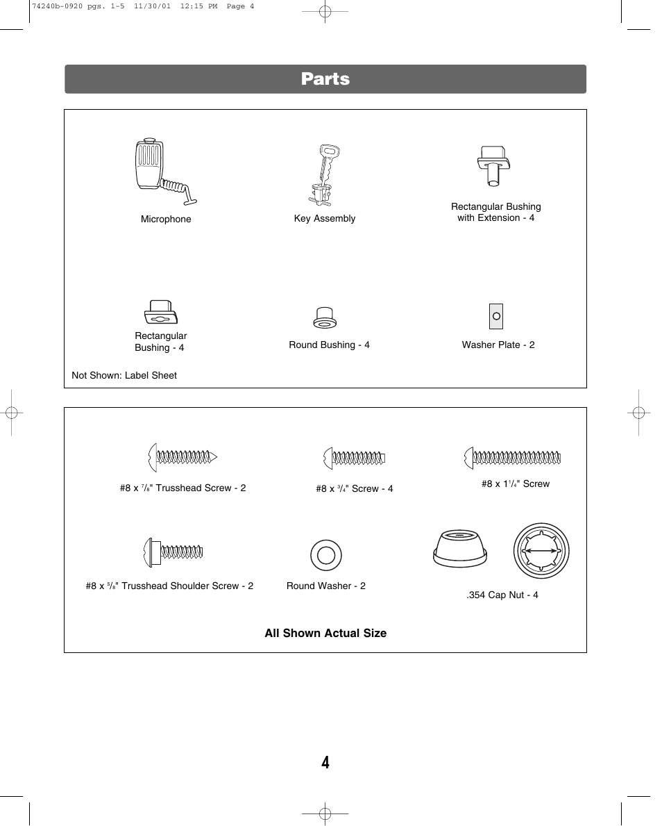 Parts, All shown actual size | Jeep 74240 User Manual | Page 4 / 20