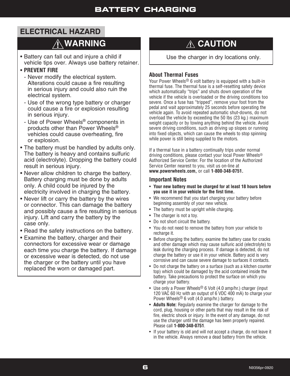 Warning, Caution, Electrical hazard | Battery charging | Jeep HOT WHEELS N9356 User Manual | Page 6 / 20