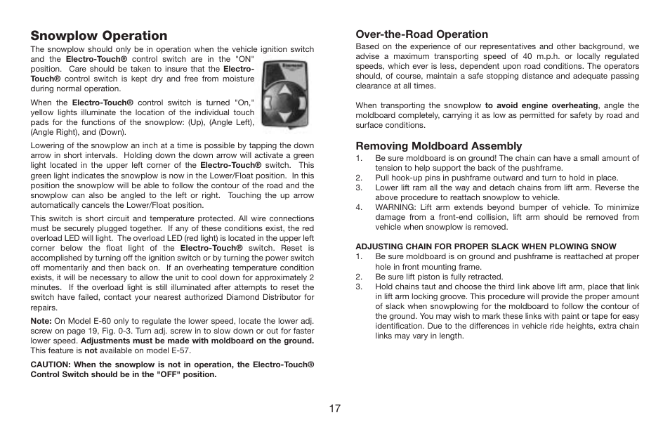 Snowplow operation, Over-the-road operation, Removing moldboard assembly | Jeep E-60 User Manual | Page 18 / 42