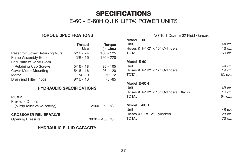 Specifications, E-60 - e-60h quik lift® power units | Jeep E-60 User Manual | Page 38 / 42