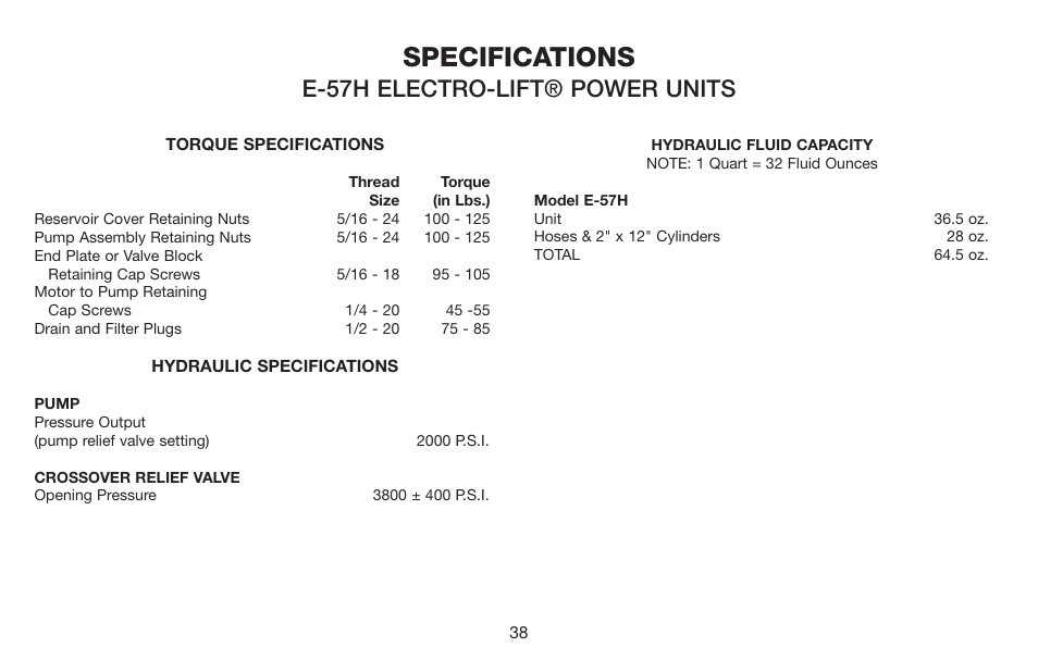 Specifications, E-57h electro-lift® power units | Jeep E-60 User Manual | Page 39 / 42