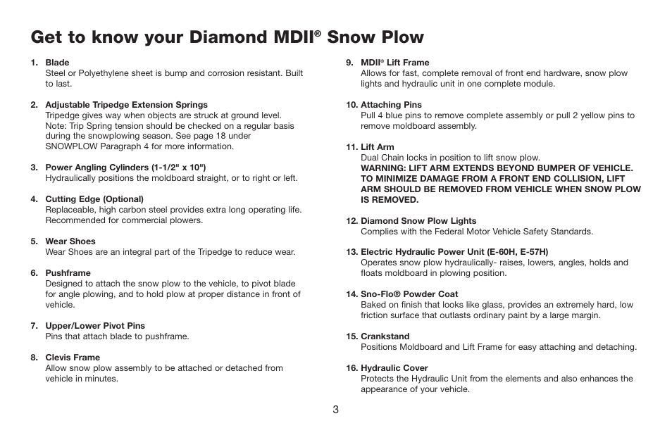 Get to know your diamond mdii, Snow plow | Jeep E-60 User Manual | Page 4 / 42