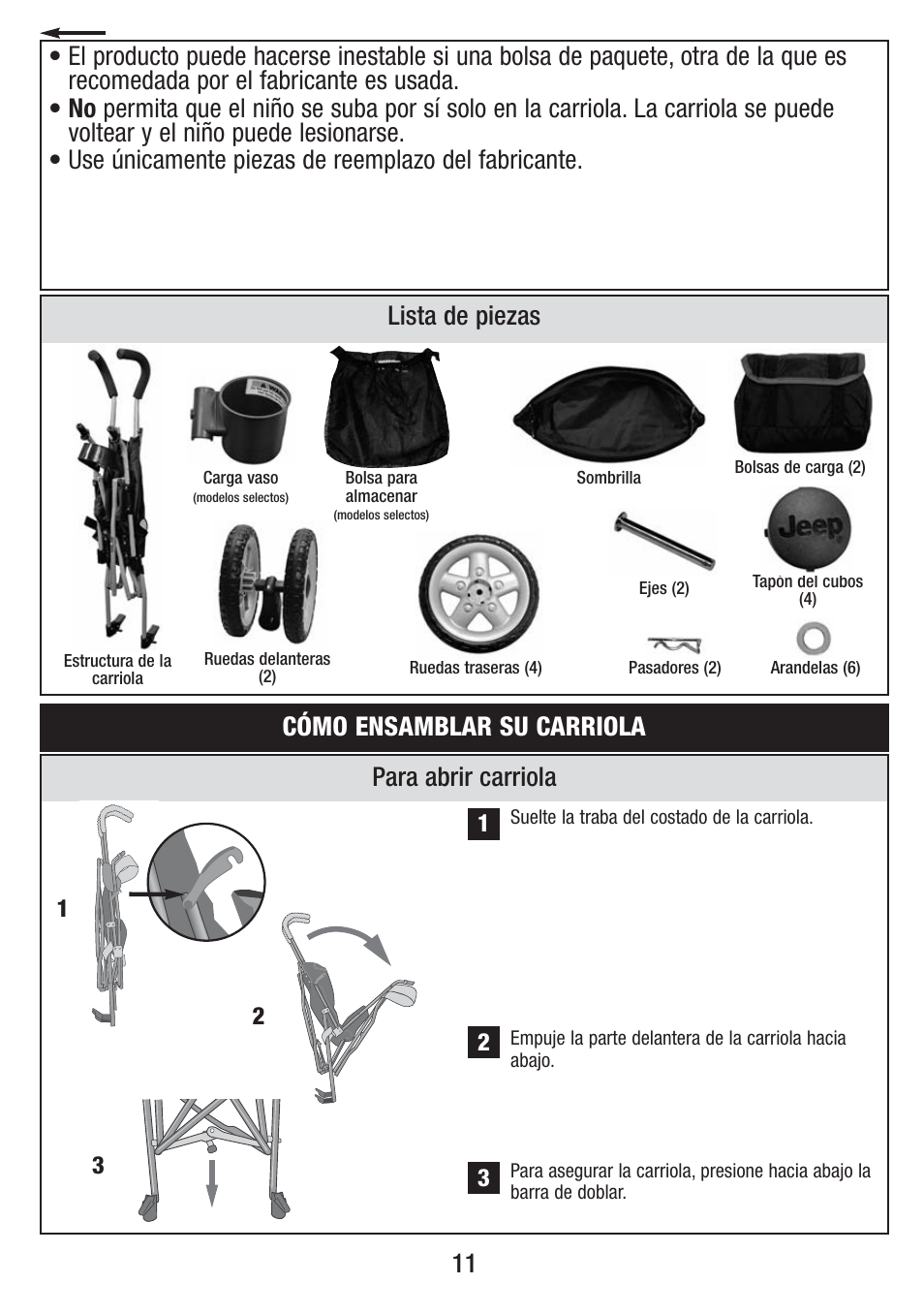 11 para abrir carriola, Lista de piezas, Cómo ensamblar su carriola | Jeep S58J-T-R2 User Manual | Page 11 / 27