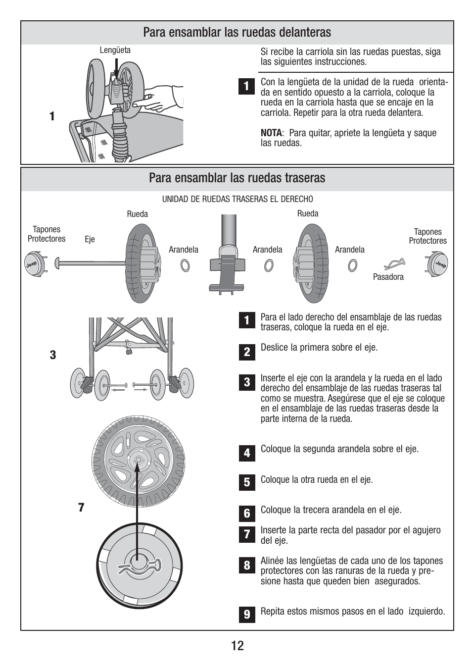 Para ensamblar las ruedas delanteras, Para ensamblar las ruedas traseras | Jeep S58J-T-R2 User Manual | Page 12 / 27