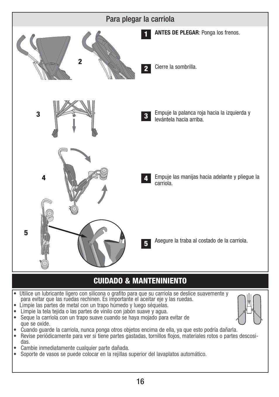 Cuidado & manteniniento, Para plegar la carriola | Jeep S58J-T-R2 User Manual | Page 16 / 27