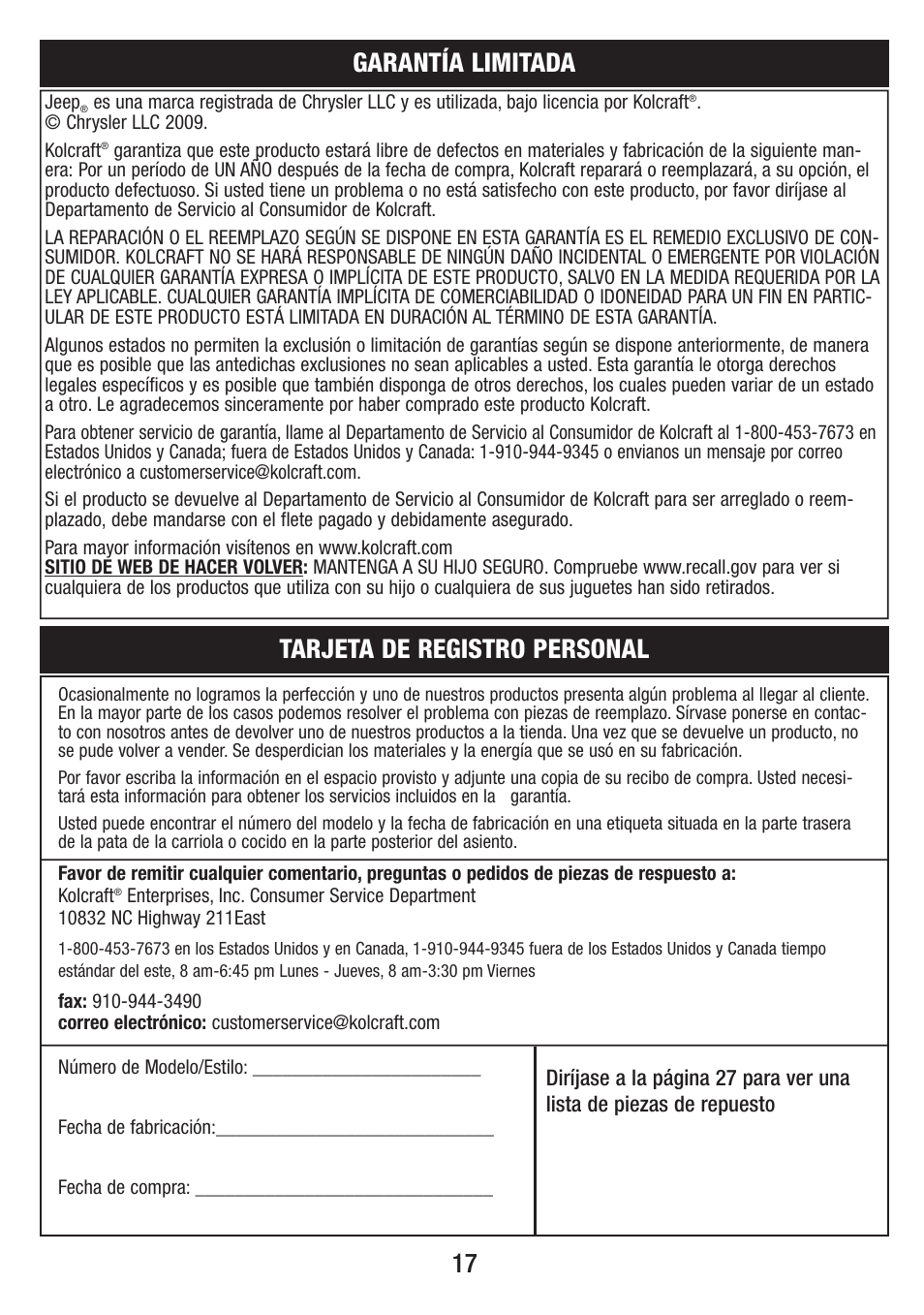 17 tarjeta de registro personal, Garantía limitada | Jeep S58J-T-R2 User Manual | Page 17 / 27