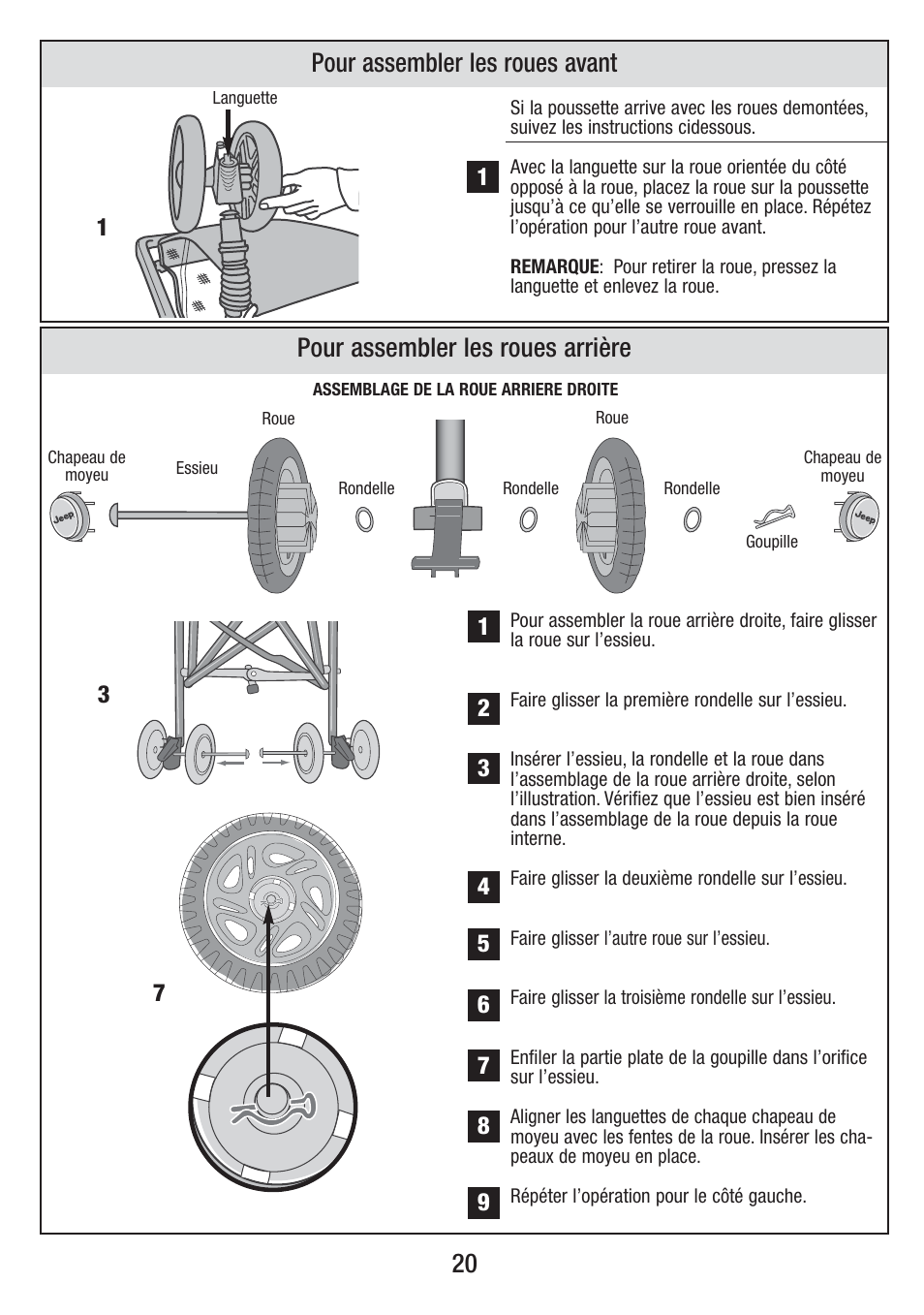 Pour assembler les roues avant, Pour assembler les roues arrière | Jeep S58J-T-R2 User Manual | Page 20 / 27