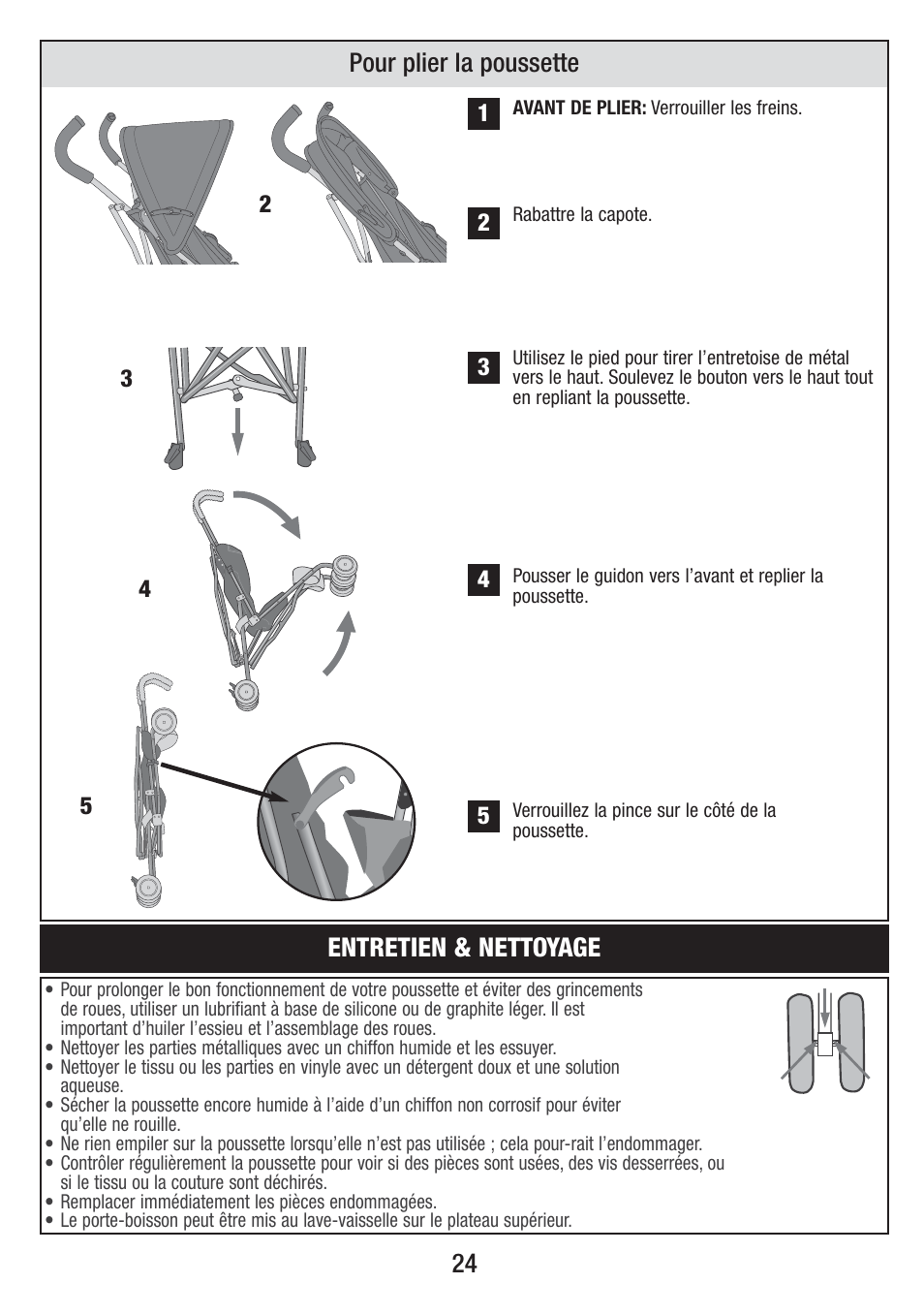 Entretien & nettoyage, Pour plier la poussette | Jeep S58J-T-R2 User Manual | Page 24 / 27