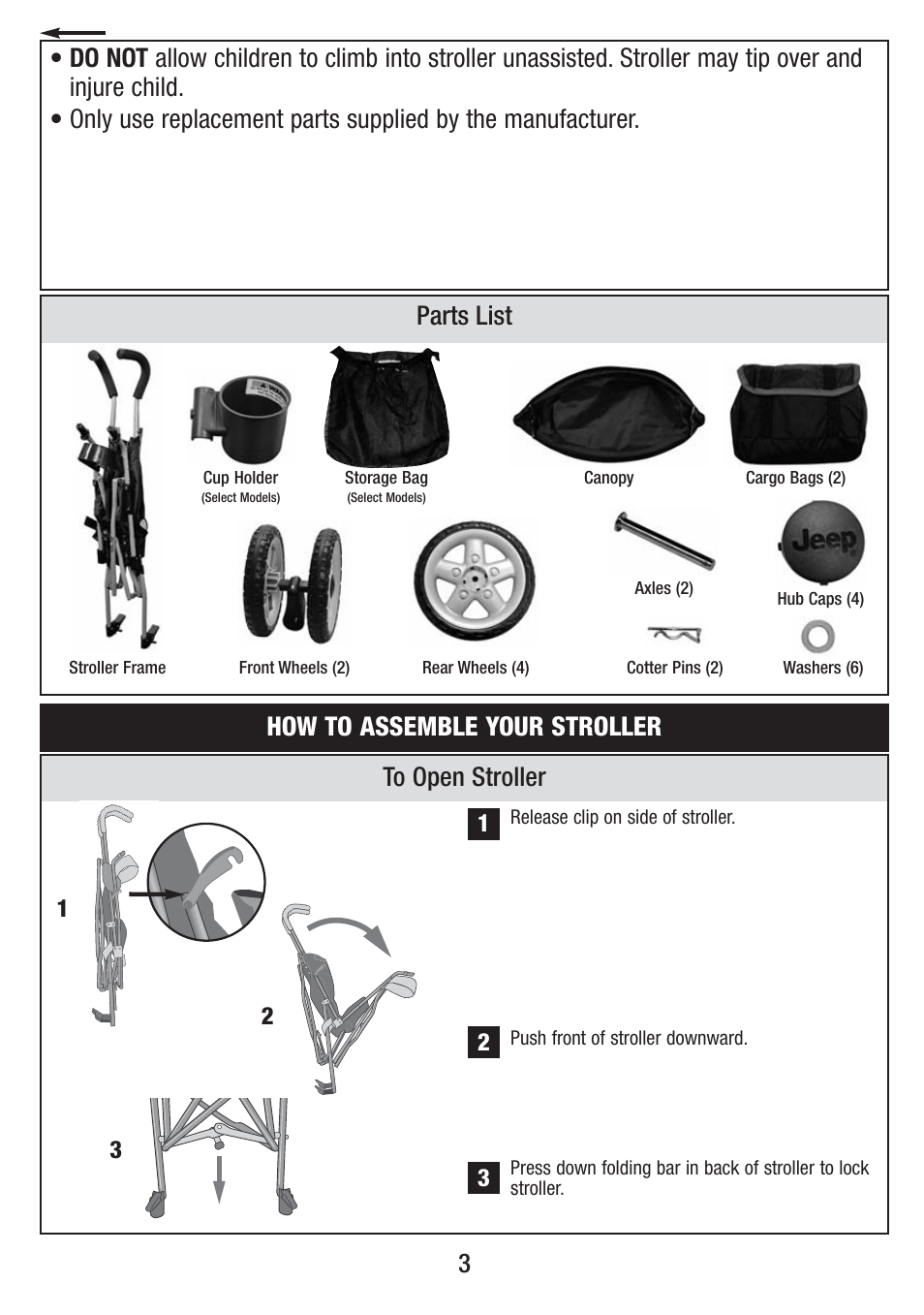 3to open stroller, Parts list, How to assemble your stroller | Jeep S58J-T-R2 User Manual | Page 3 / 27