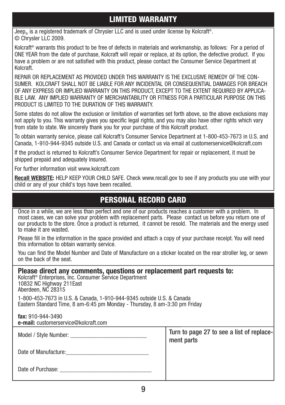 9personal record card, Limited warranty | Jeep S58J-T-R2 User Manual | Page 9 / 27