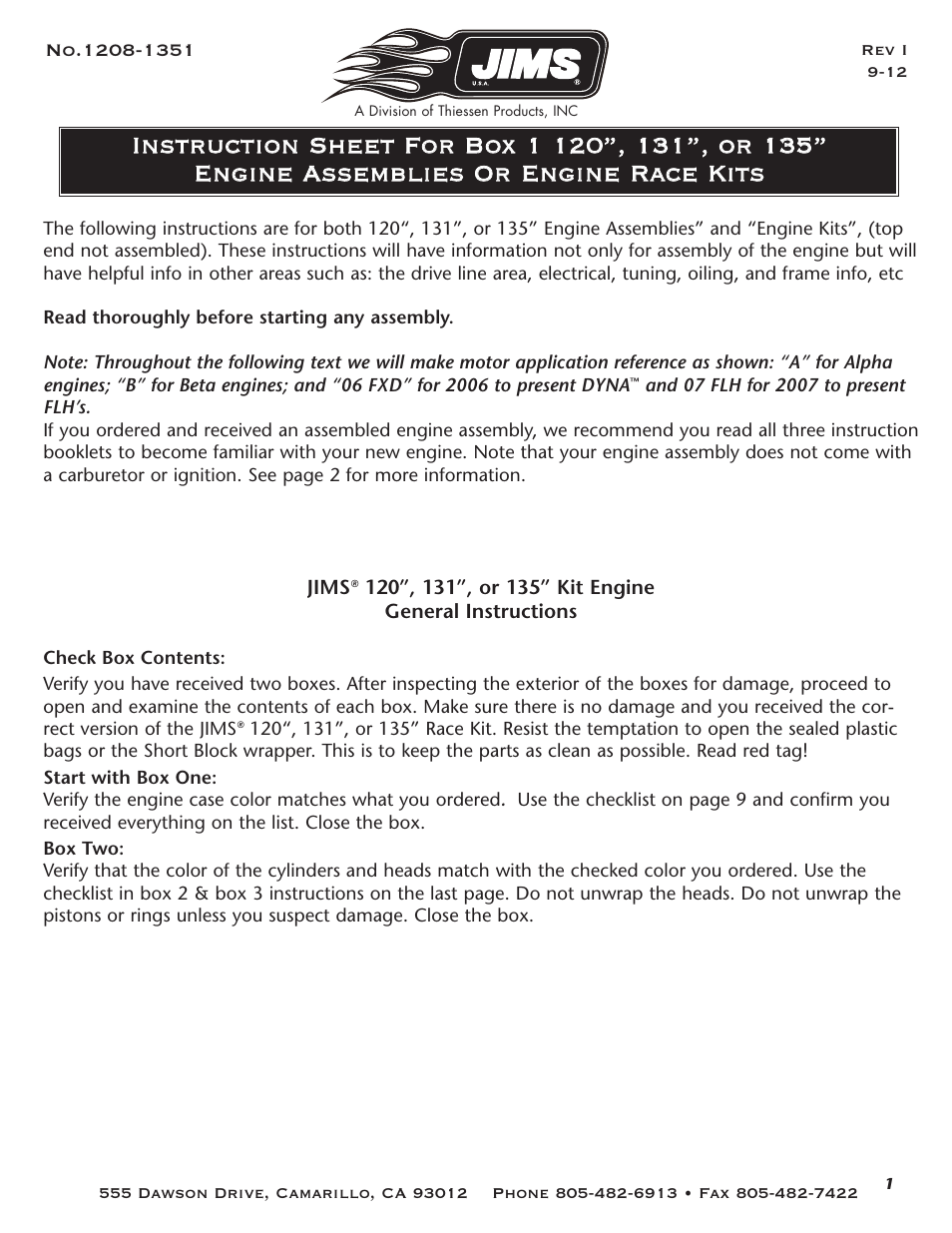 Jims USA Twin Cam Racekit Box 1 1208-1351 User Manual | Page 2 / 10