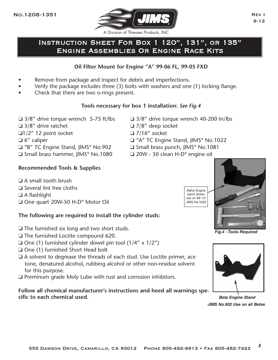 Jims USA Twin Cam Racekit Box 1 1208-1351 User Manual | Page 6 / 10