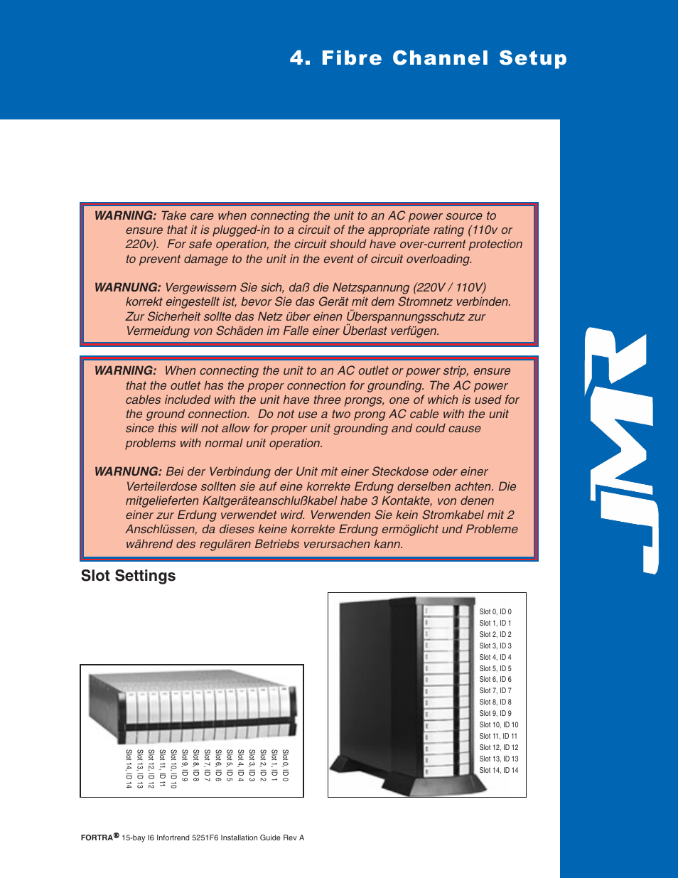 Fibre channel setup, Slot settings, Slot settings -1 | Information, refer to, Chapter 4, Installation information, refer to, Configure id and other options as required. see, Establish host connection. see | JMR electronic Fortra 5251F6 User Manual | Page 14 / 30
