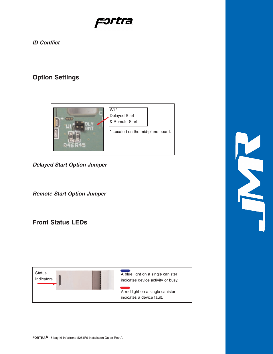 Id conflict, Option settings, Delayed start option jumper | Remote start option jumper, Front status leds, Id conflict -3, Option settings -3, Front status leds -3 | JMR electronic Fortra 5251F6 User Manual | Page 16 / 30