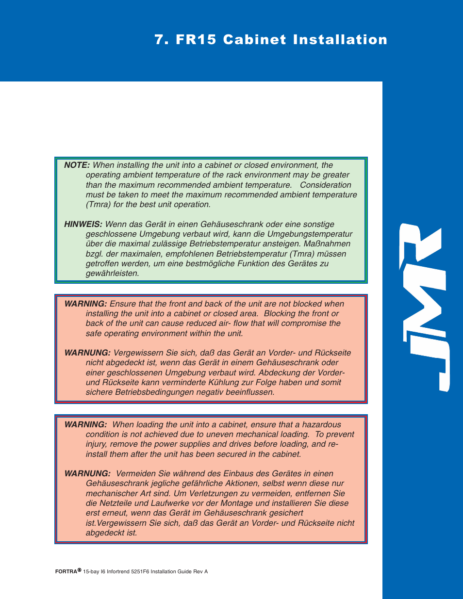 Fr15 cabinet installation, For 15-bay rackmount units, refer to, Chapter 7 | JMR electronic Fortra 5251F6 User Manual | Page 23 / 30