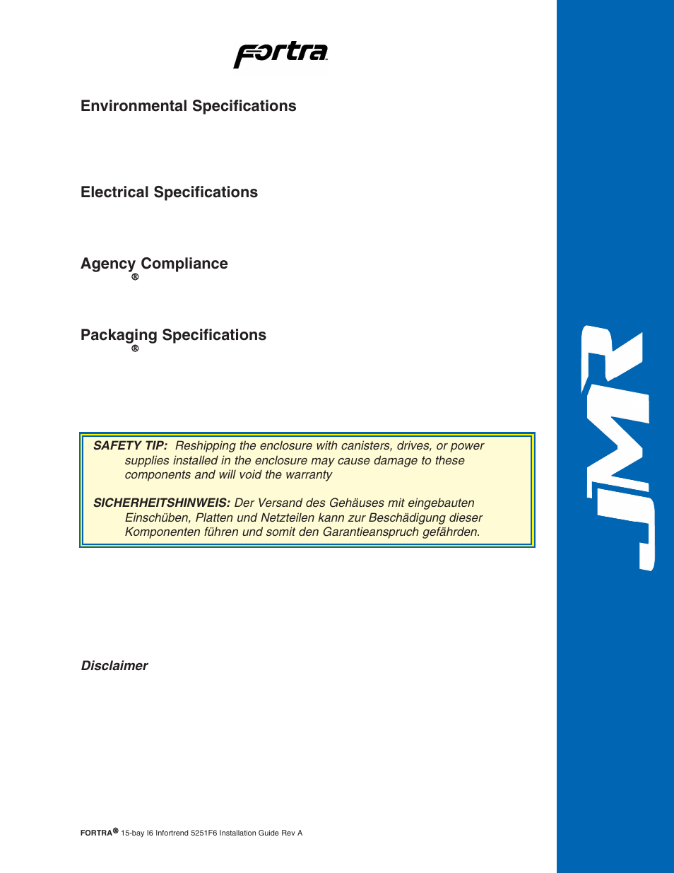 Environmental specifications, Electrical specifications, Agency compliance | Packaging specifications, Disclaimer, Disclaimer -2 | JMR electronic Fortra 5251F6 User Manual | Page 9 / 30