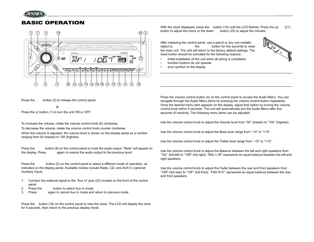 Mcd5060, Basic operation, Reset | Jensen Marine Direct MCD5060 User Manual | Page 6 / 10