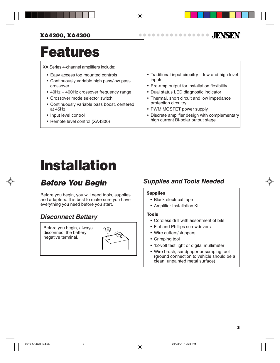 Installation, Features, Before you begin | Disconnect battery, Supplies and tools needed | Jensen XA4200 User Manual | Page 3 / 15