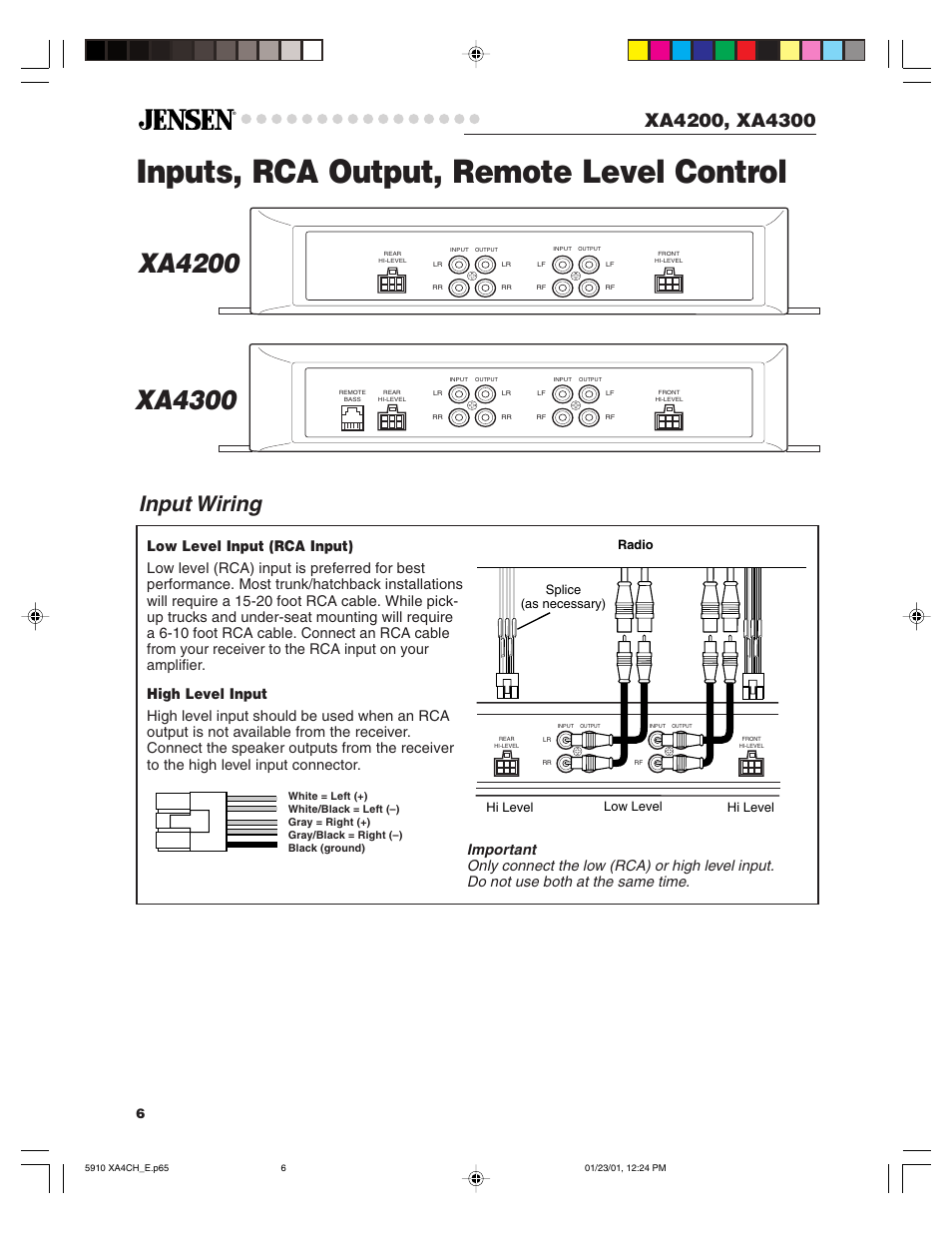 Inputs, rca output, remote level control, Input wiring | Jensen XA4200 User Manual | Page 6 / 15