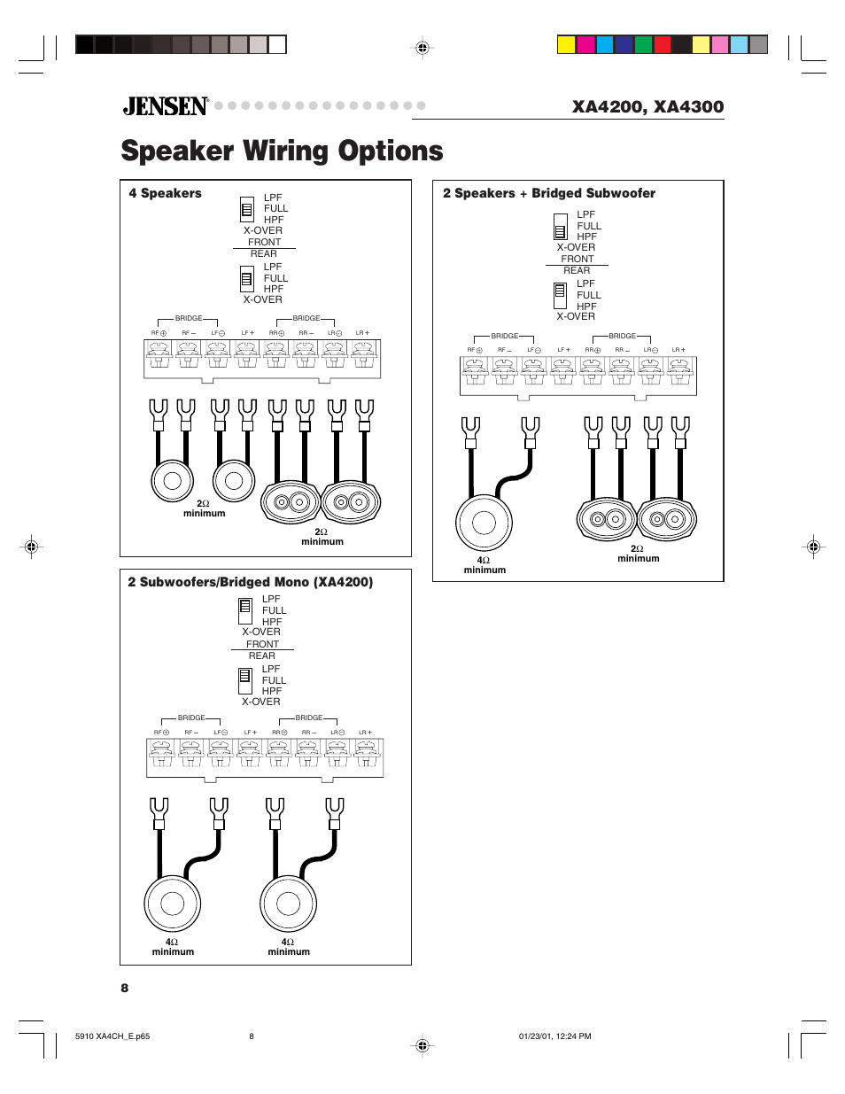 Speaker wiring options, 2 speakers + bridged subwoofer | Jensen XA4200 User Manual | Page 8 / 15
