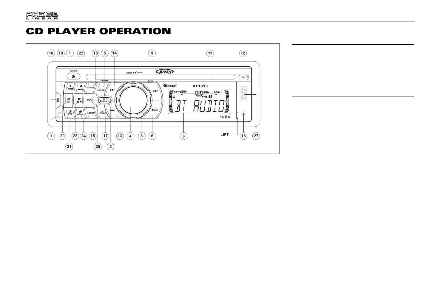 Cd player operation, Insert cd, Track select | Play/pause, Disc intro scan (int) | Jensen Phase Linear BT1613 User Manual | Page 10 / 82