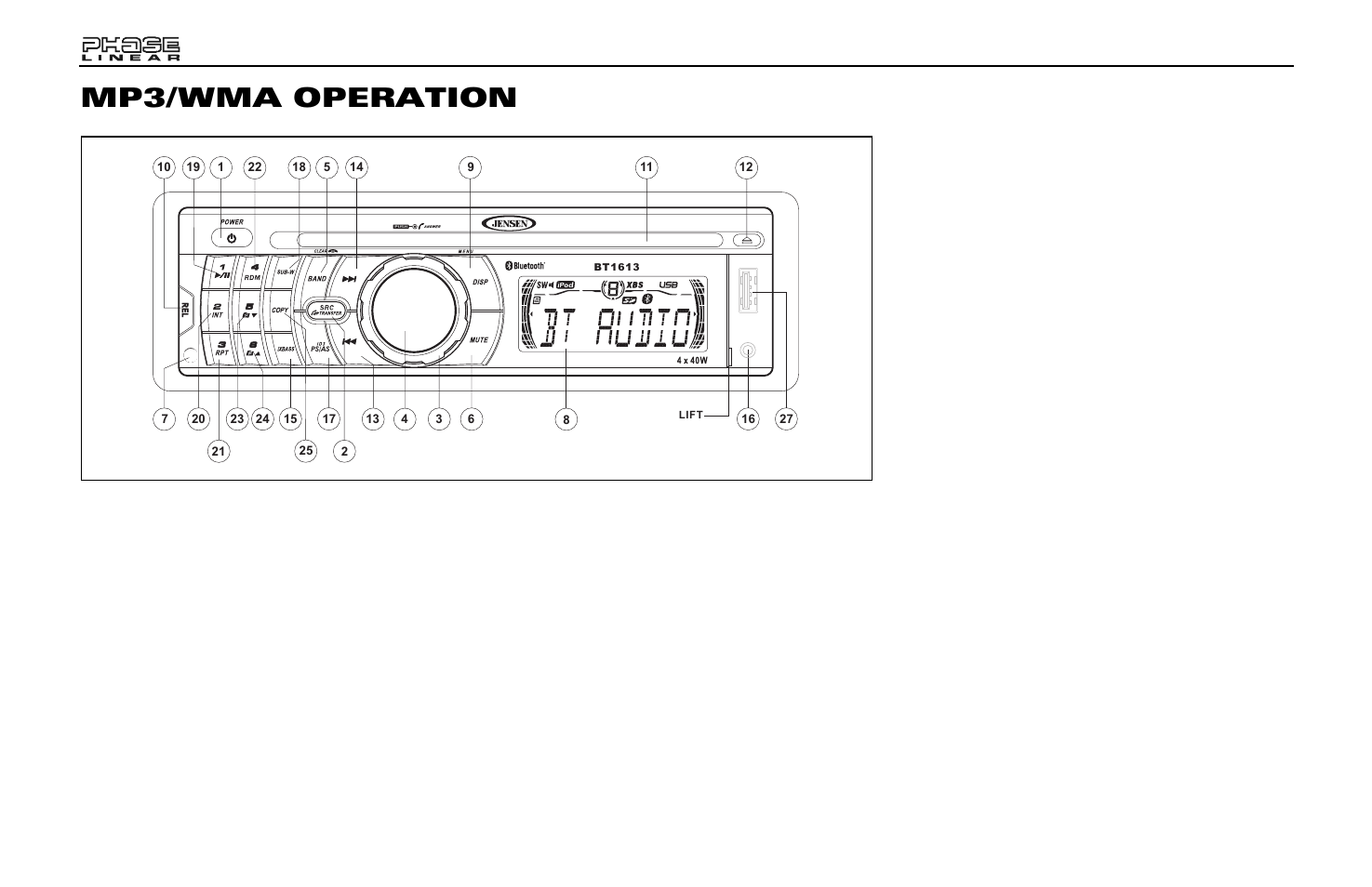 Mp3/wma operation, Pause, Track select | Navigating folders, Intro scan (int), Repeat (rpt), Random (rdm) | Jensen Phase Linear BT1613 User Manual | Page 14 / 82