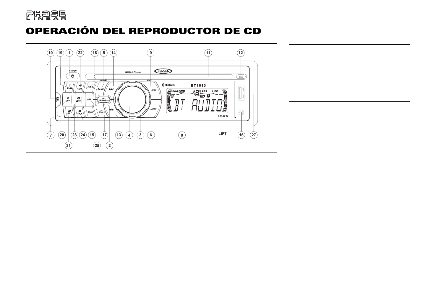 Operación del reproductor de cd, Insertar cd, Selección de pista | Reproduce/pausa, Búsqueda de ingreso a disco (int) | Jensen Phase Linear BT1613 User Manual | Page 34 / 82