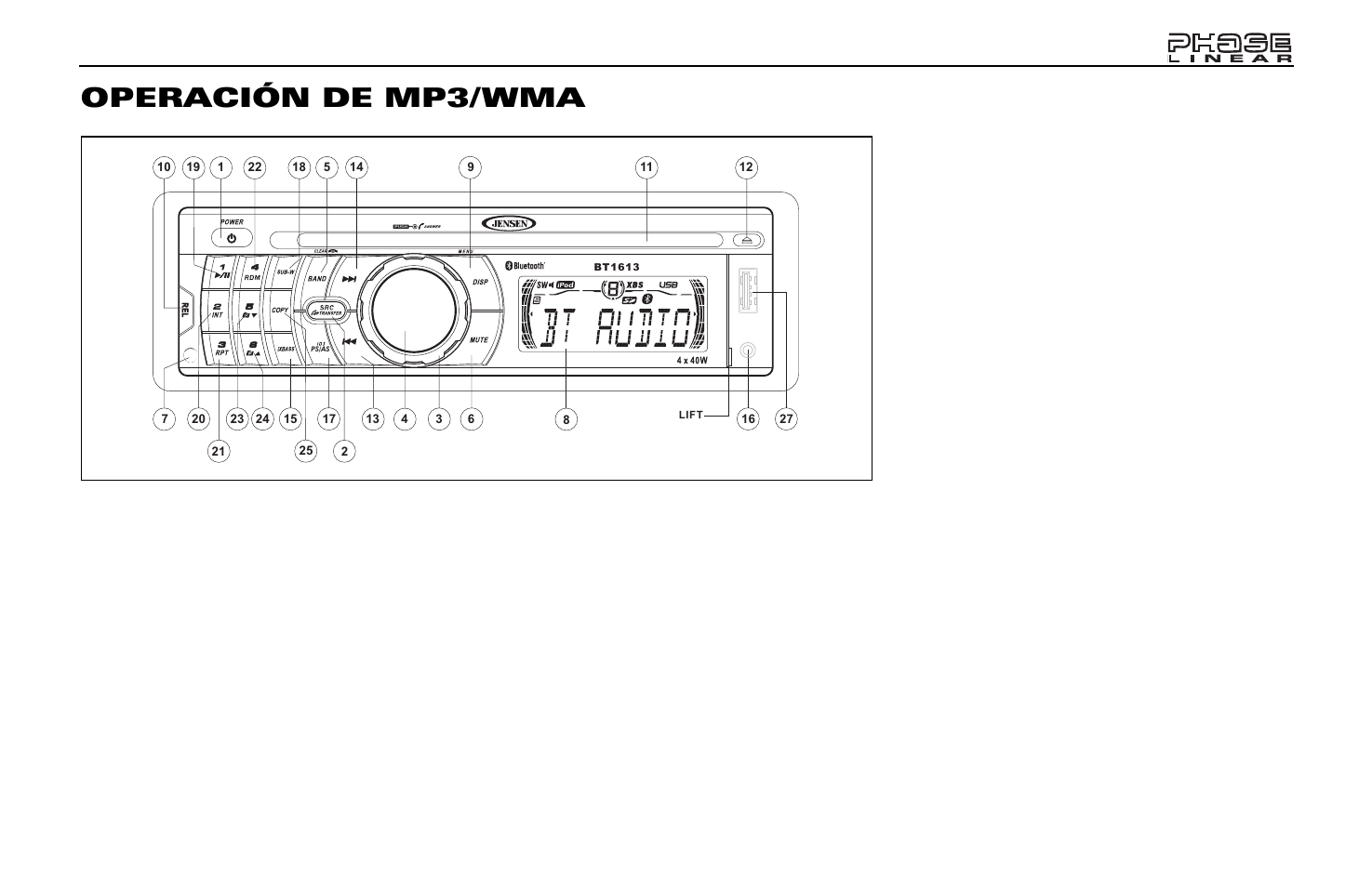 Operación de mp3/wma, Pausar, Selección de pista | Cómo navegar por carpetas, Ingresar búsqueda (int), Repetir (rpt), Aleatorio (rdm) | Jensen Phase Linear BT1613 User Manual | Page 39 / 82