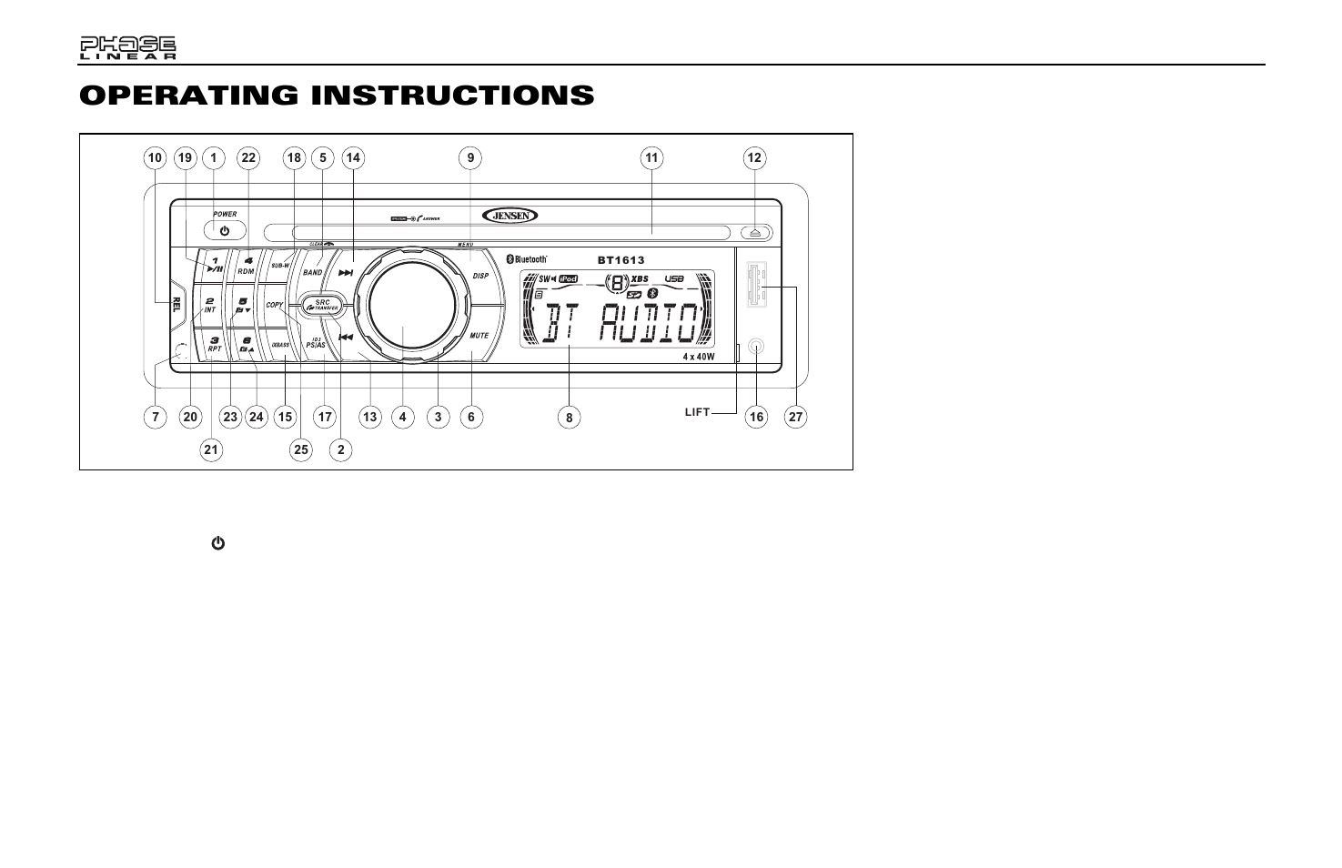 Operating instructions, Power, Source | Volume | Jensen Phase Linear BT1613 User Manual | Page 4 / 82