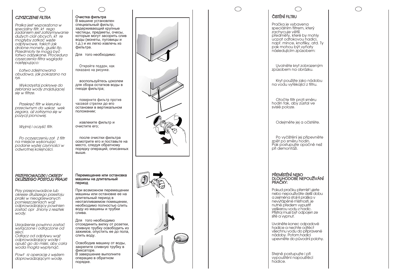 Очистка фильтра, Reinigen der klammernfalle, Umzug oder längerer stillstand der maschine | Filter cleaning | Candy CY2 084 User Manual | Page 35 / 41