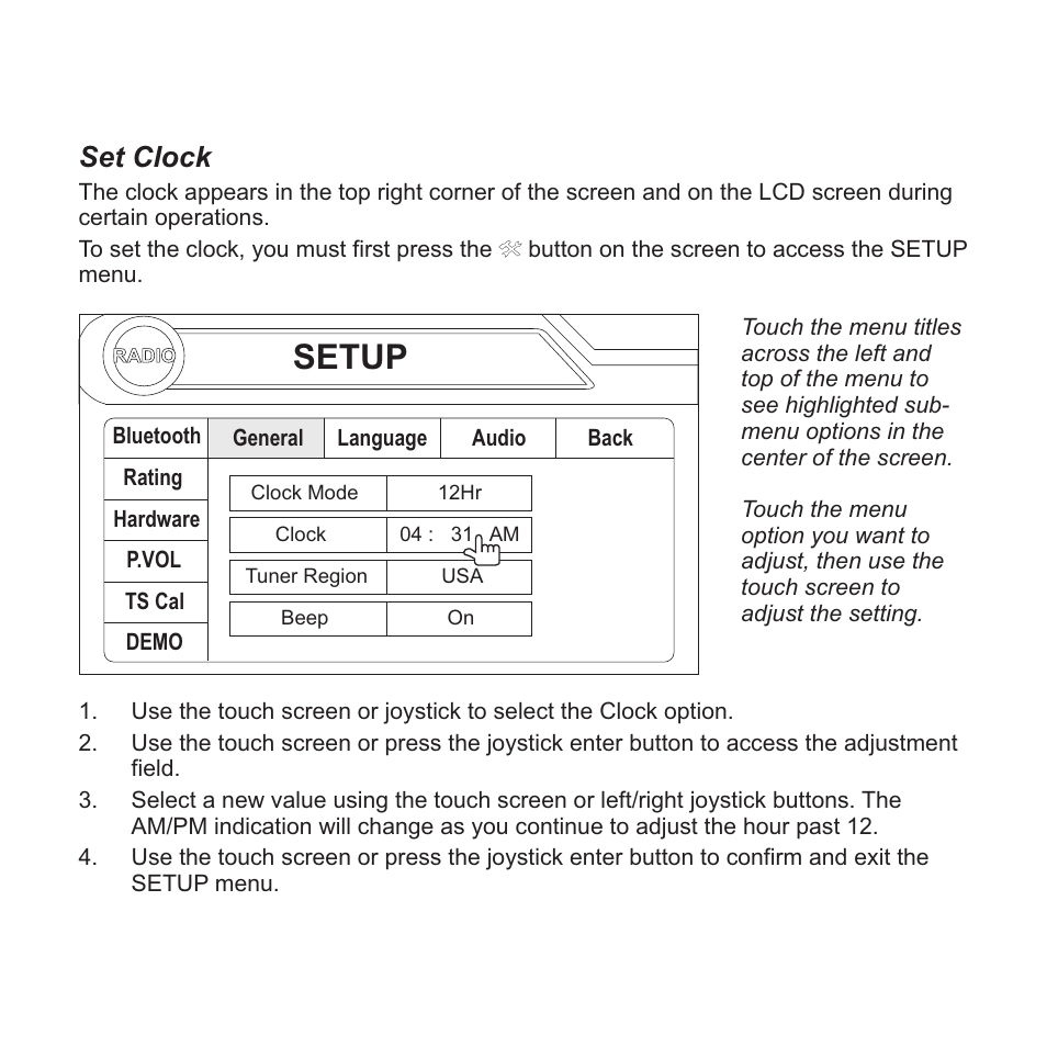 Setup, Set clock | Jensen VM9423 User Manual | Page 11 / 92