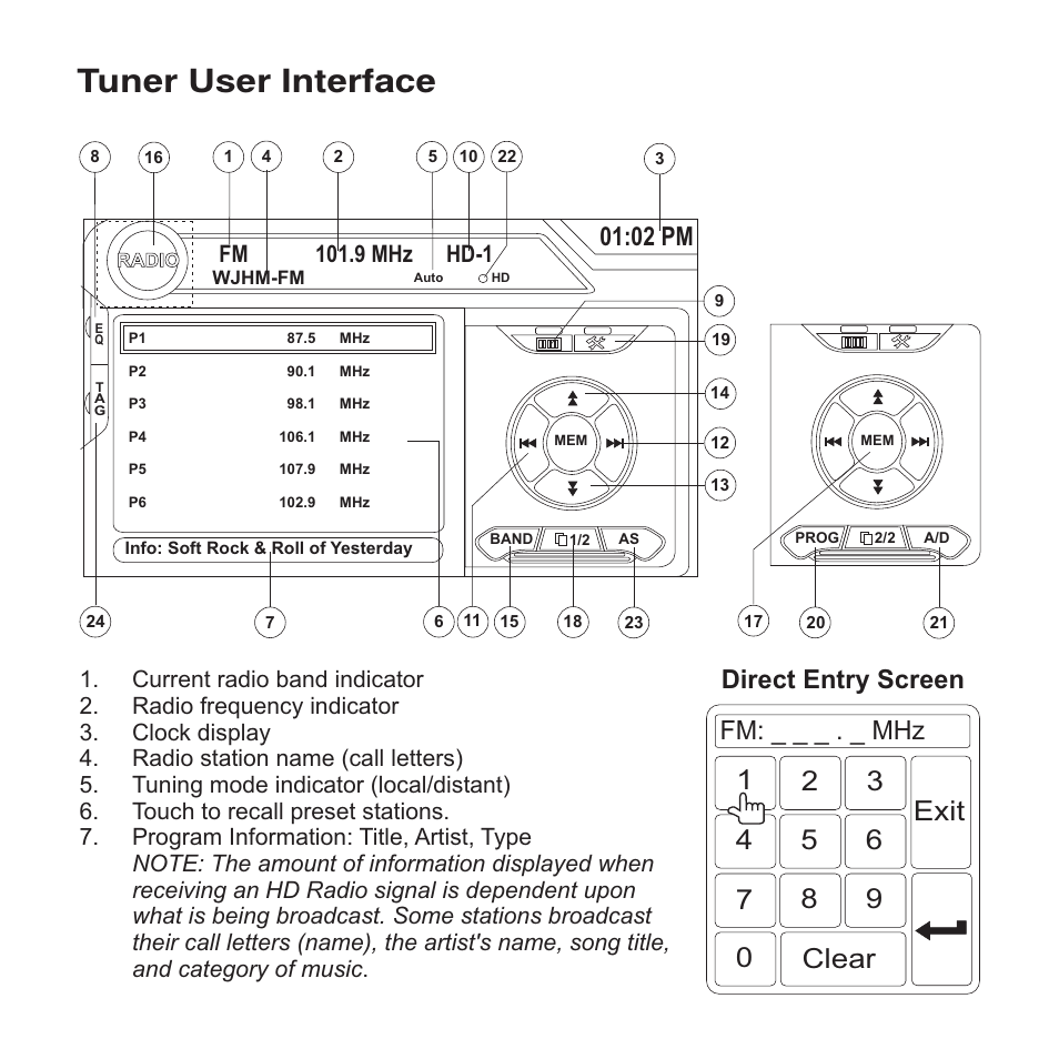 Tuner user interface, Fm: _ _ _ . _ mhz, Direct entry screen | 02 pm | Jensen VM9423 User Manual | Page 12 / 92