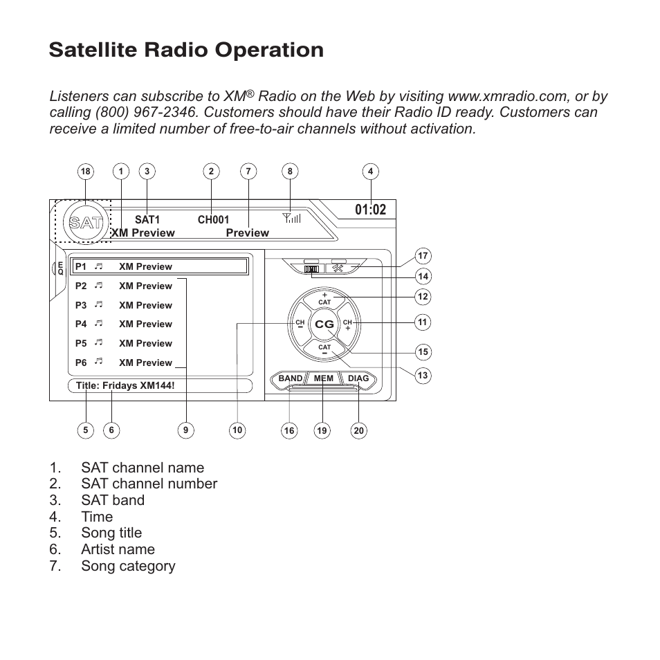 Satellite radio operation | Jensen VM9423 User Manual | Page 20 / 92