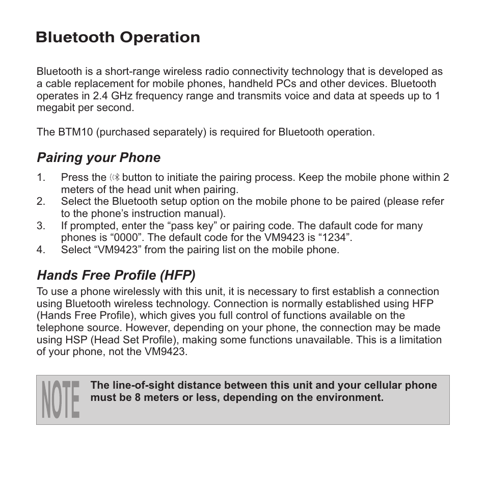 Bluetooth operation, Pairing your phone, Hands free profile (hfp) | Jensen VM9423 User Manual | Page 26 / 92