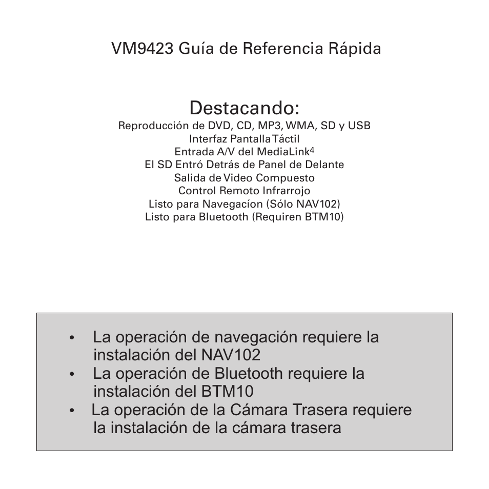 Destacando, Instalación del nav102, Vm9423 guía de referencia rápida | Jensen VM9423 User Manual | Page 33 / 92