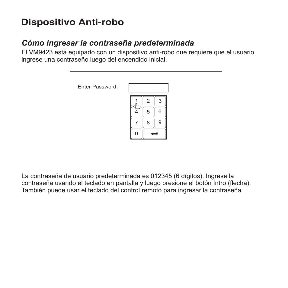 Dispositivo anti-robo, Cómo ingresar la contraseña predeterminada | Jensen VM9423 User Manual | Page 34 / 92