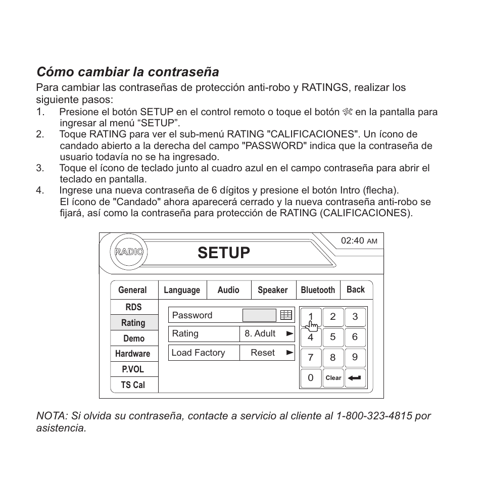 Setup, Cómo cambiar la contraseña | Jensen VM9423 User Manual | Page 35 / 92