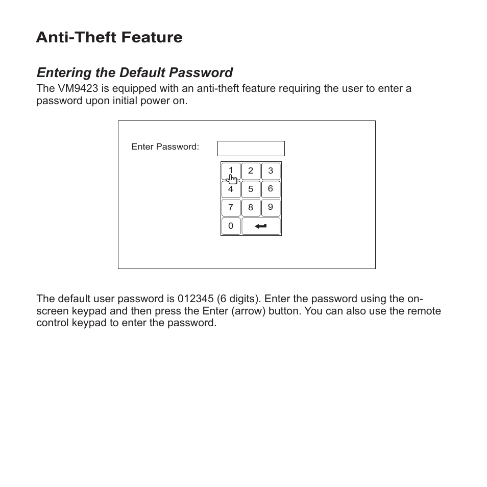 Anti-theft feature, Entering the default password | Jensen VM9423 User Manual | Page 4 / 92