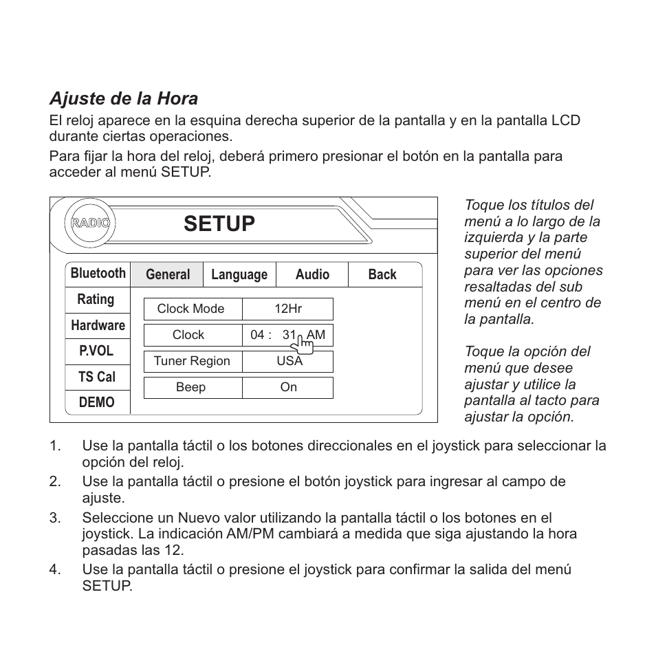 Setup, Ajuste de la hora | Jensen VM9423 User Manual | Page 41 / 92