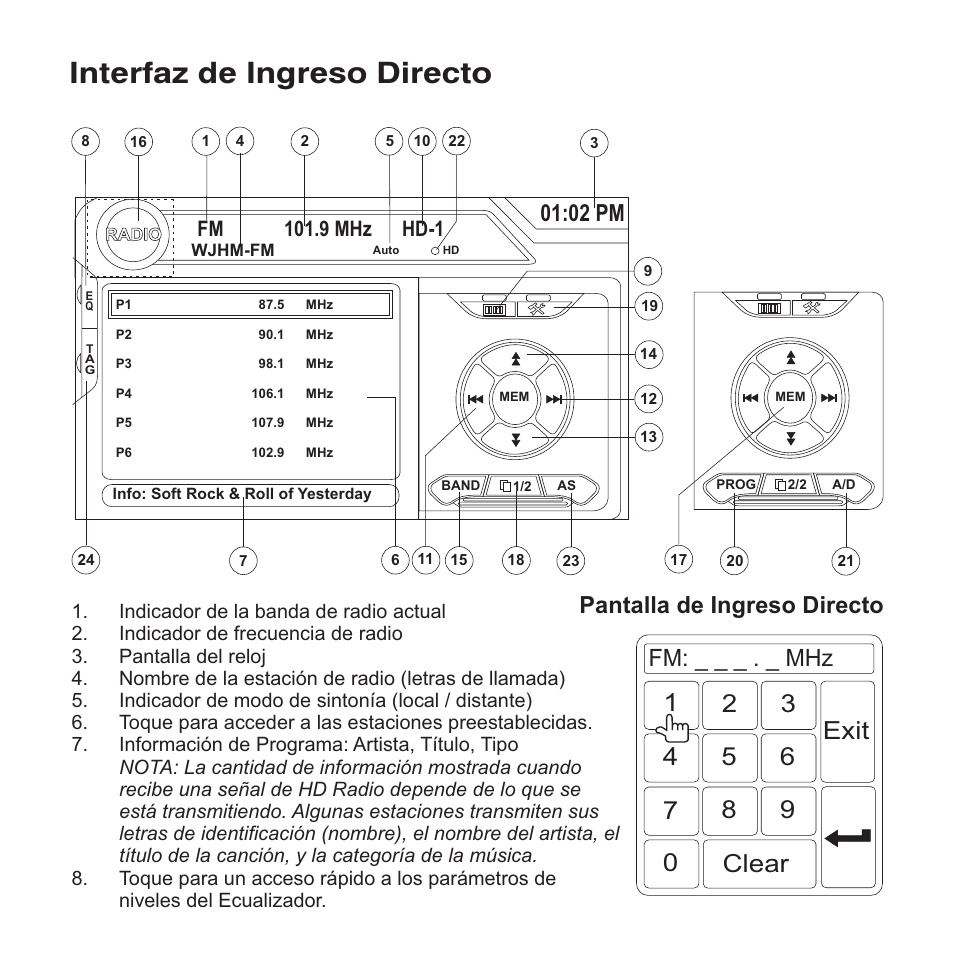 Interfaz de ingreso directo, Fm: _ _ _ . _ mhz, Pantalla de ingreso directo | 02 pm | Jensen VM9423 User Manual | Page 42 / 92