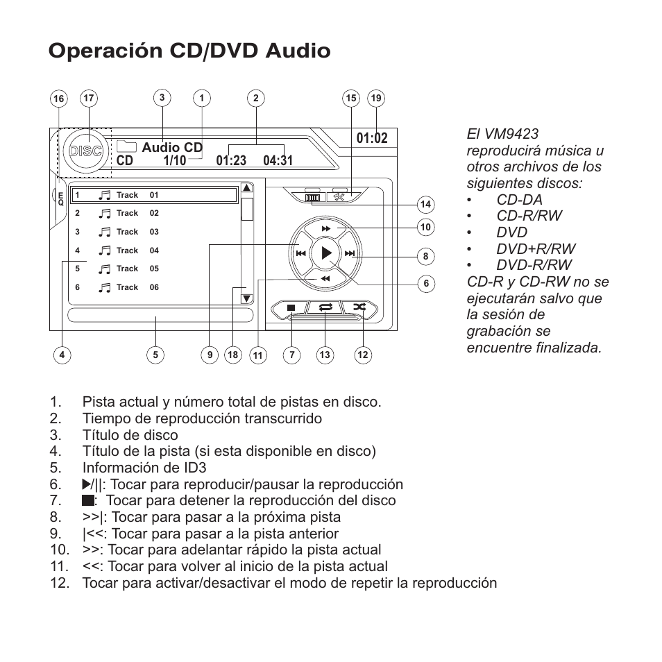 Operación cd/dvd audio | Jensen VM9423 User Manual | Page 46 / 92