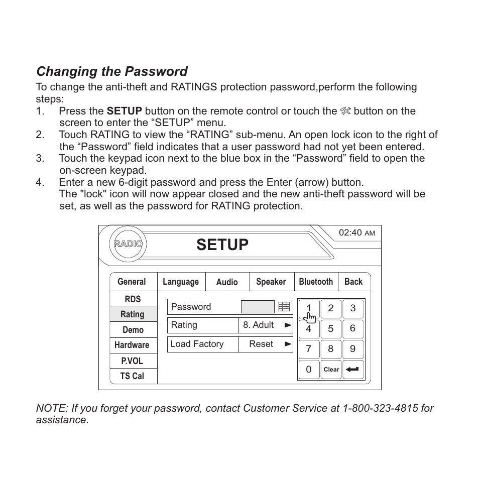 Setup, Changing the password | Jensen VM9423 User Manual | Page 5 / 92