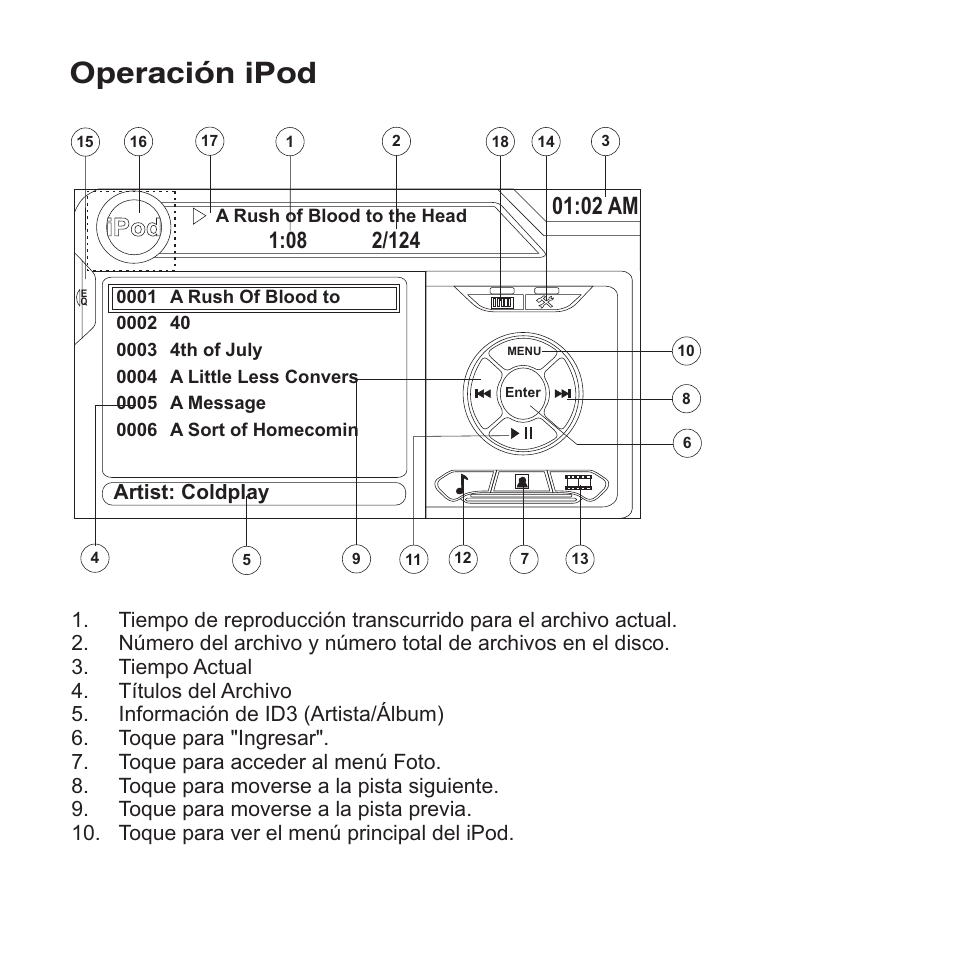 Operación ipod, Ipod, 02 am | Jensen VM9423 User Manual | Page 60 / 92