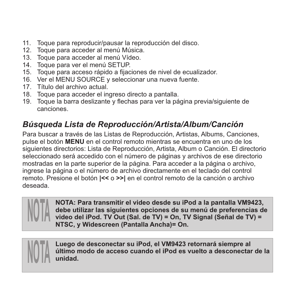 Nota | Jensen VM9423 User Manual | Page 61 / 92