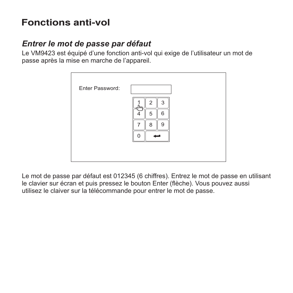 Fonctions anti-vol, Entrer le mot de passe par défaut | Jensen VM9423 User Manual | Page 64 / 92