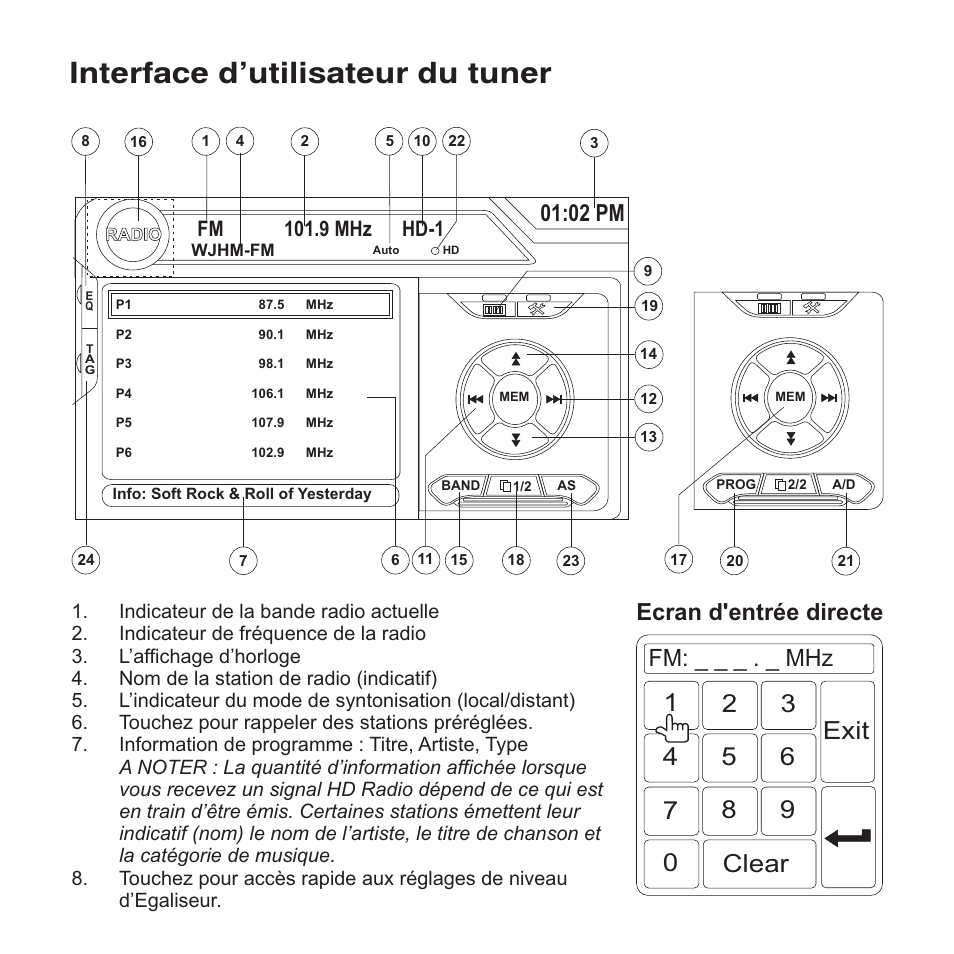 Interface d’utilisateur du tuner, Fm: _ _ _ . _ mhz, Ecran d'entrée directe | 02 pm | Jensen VM9423 User Manual | Page 72 / 92