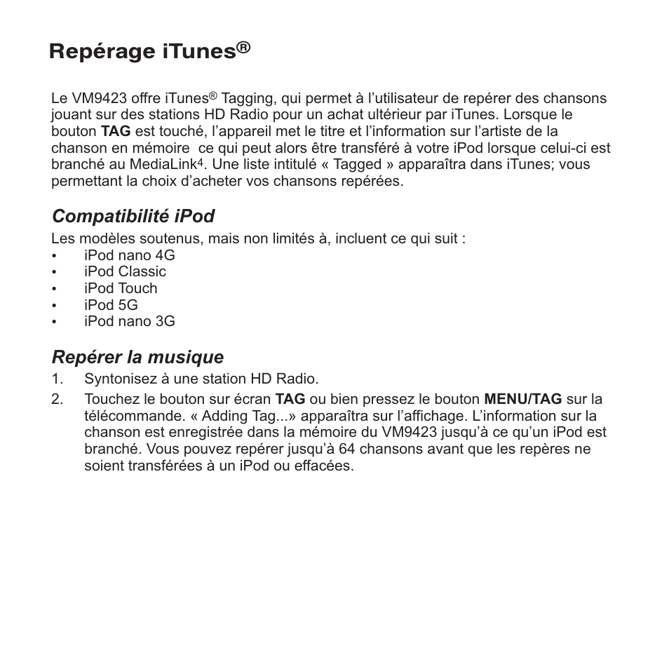 Repérage itunes, Compatibilité ipod, Repérer la musique | Jensen VM9423 User Manual | Page 74 / 92