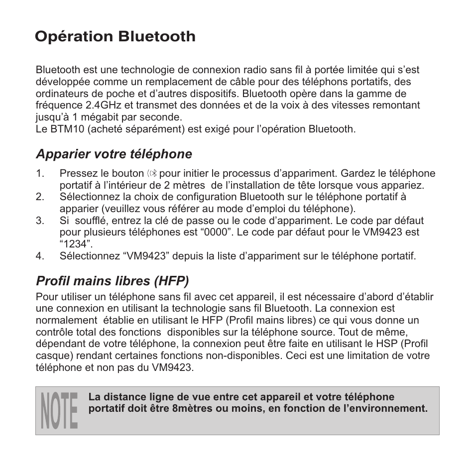 Opération bluetooth, Apparier votre téléphone, Profil mains libres (hfp) | Jensen VM9423 User Manual | Page 86 / 92